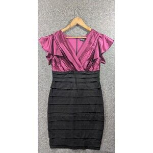 Signature by Sangria Purple and Black Bodycon Dress Satin Ruffle Detail Size 14